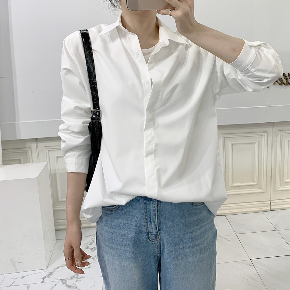 여성흰남방 소라색셔츠 박시핏 구김없는 스판